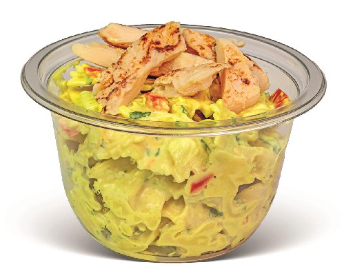 CURRY-NUDELSALAT MIT HÄHNCHENBRUSTSTREIFEN 6X200G Nudeln aus Hartweizengries & Vollei, gebratene Hähnchenbruststreifen,  Paprika,& Kräuter Curry-Nudelsalat mit Hähnchenbruststreifen 6x200g