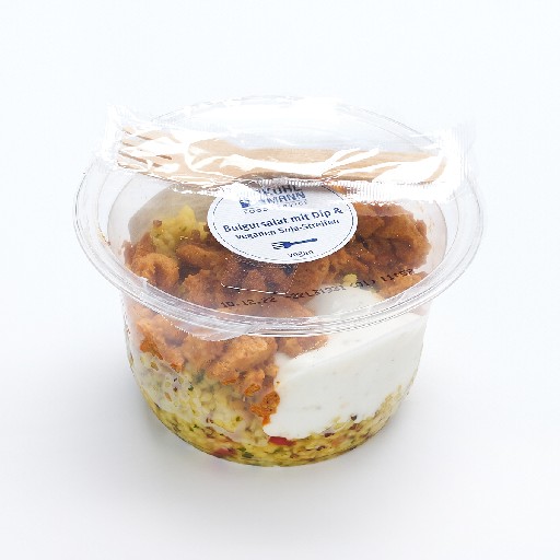 BULGURSALAT MIT SOJASTREIFEN 6x260G Bulgursalat mit Dip & veganen Soja-Streifen Bulgursalatt mit Sojastreifen 6x260g