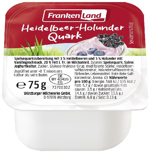 FRANKENLAND QUARK HEIDELBEER HOLUNDER  20% 15x75G  Frankenland Quark Heidelbeer - Holunder 20% 15x75g