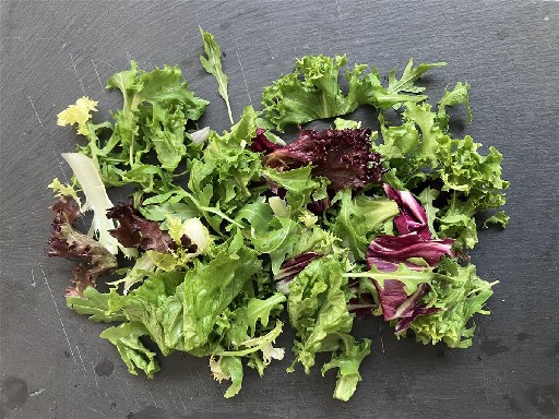 BLATTSALATMIX MANHATTEN (72) 1KG  In Streifen je 27% Lollo Rosso & Bionda, je 18% Frisee & Radicchio, + 10% Rucola Blattsalatmix Manhatten 1kg