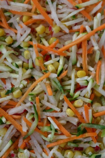 ROHKOST WELLNESS (33) 1KG 30% Maiskörner, 25% Rettichstreifen, 15% Grüne Zucchinistifte mit Schale, 10% Radieschenstifte, 10% Möhrenstifte und 10% Gurkenstifte mit Schale Rohkost Wellness 1kg
