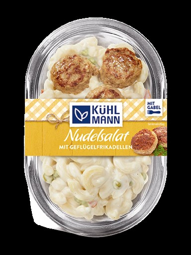 NUDELSALAT MIT GEFLÜGELFRIKADELLE 4 x 300G Nudelsalat mit 40g Geflügelfrikadelle. Nudelsalat mit Geflügelfrikadelle 4 x 300g