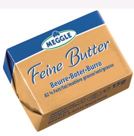 MEGGLE FEINE BUTTER PORTIONEN 82%  100X15G KARTON Meggle Feine Butter Portionen 100x15g Karton