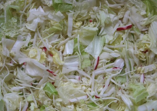 MISCHSALAT AKTIV (33) 1KG 25% Eisbergstreifen, 25% Weißkohlstreifen, 20% Chinakohlstreifen, 15% Readieschenstreifen, 15% Rettichstreifen Mischsalat Aktiv 1kg