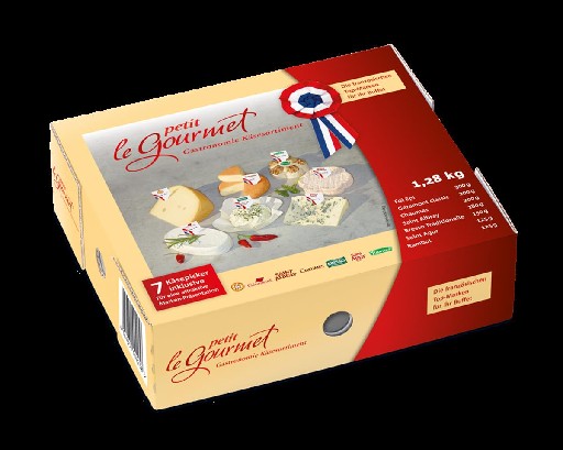 LE PETIT GOURMET SORTIMENT (MIT 7 FRANZÖSISCHEN MARKEN KÄSEN) 1,28 KG KARTON Geramont classic, Chaumes, St.Albray 180g, Géramont cremig würzig 200g, Fol Epi 300g, Rambol 125g, St.Agur 125g, Chavroux 150g, Bresso Traditionelle Le Petit Gourmet Sortiment (mit 7 französischen Marken Käsen) 1,28 Kg Karton