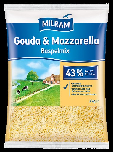 MILRAM GOUDA & MOZZARELLA GERIEBEN 43% 2KG Milram Gouda & Mozzarella gerieben 43% 2kg