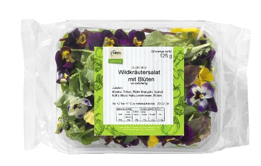 125 GR WILDKRÄUTERSALAT MIT BLÜTEN (NAPURO, GSH)BEUTEL Mischung aus rotem Mangold, Baby Spinat, Tatsoi, Mizuna, Napuro 125g Beutel / kg Wildkräutersalat mit Blüten