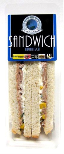 *WS* 4X135G TRAVELLERS SANDWICH THUNFISCH (521) Weizenbrot, Mayonnaise, Thunfisch-Spread, Thunfisch, Mais, Schnittlauch Travellers Sandwich Thunfisch 4x135g