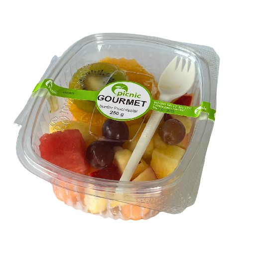 PIC FRUCHTSALAT GOURMET 6 X 250G (33) roter Apfel, Cantaloup + Honig + rote Wassermelone, Orangen, blaue Trauben, Kiwi und Ananas PIC Fruchtsalat Gourmet 6x250g